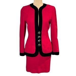 VTG 90s 80s Valentino Night Skirt Suite Sz.S Red Velvet Trim Career Rare